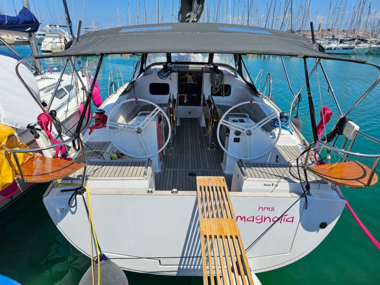 Elan 45.1, HMS Magnolia. Built by Elan in 2022m docked in Izola.