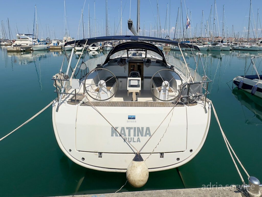 Sailboat Katina - stern view. Bavaria 46 Cruiser, built in 2015 and docked in IZOLA.