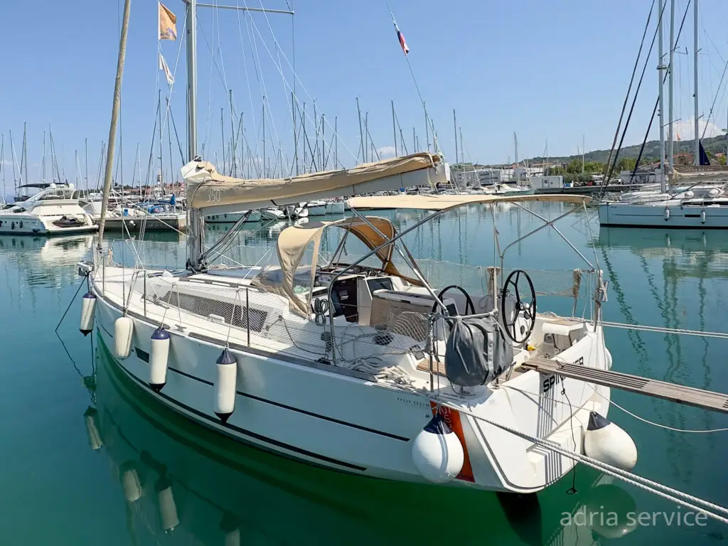 Sailboat Spinaker - side view. Dufour 350 GL, built in 2016 and docked in IZOLA.