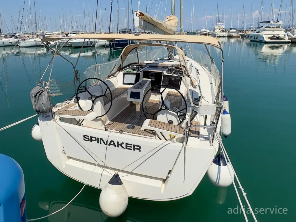 Sailboat Spinaker - stern view. Dufour 350 GL, built in 2016 and docked in IZOLA.