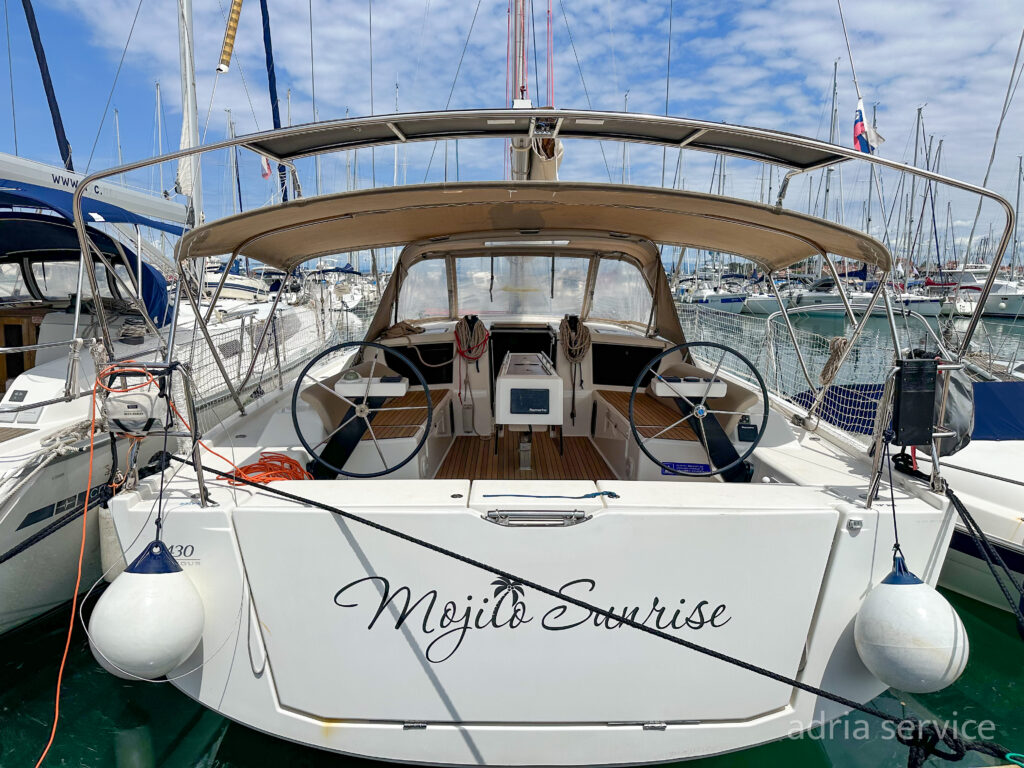 Sailboat Mojito Sunrise - stern view. Dufour 430 GL, built in 2019 and docked in IZOLA.