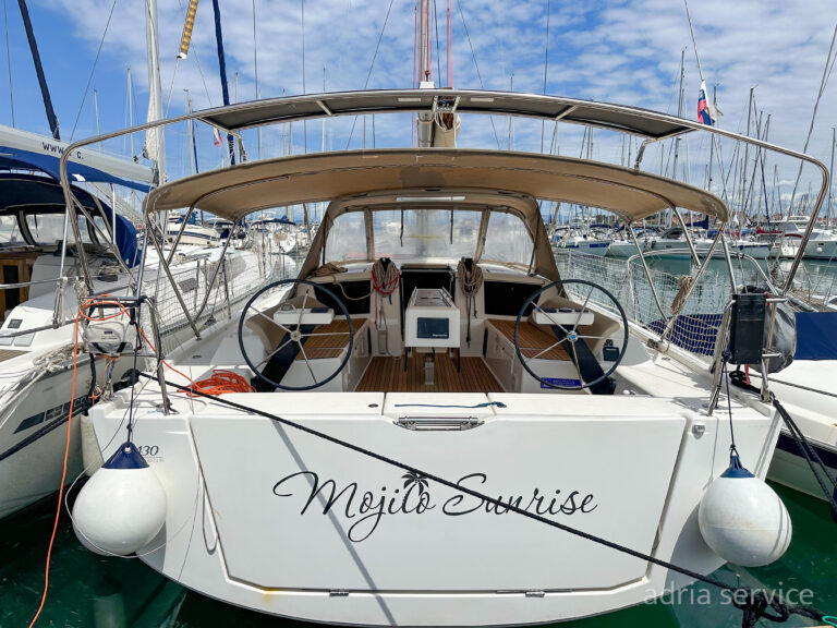 Sailboat Mojito Sunrise - stern view. Dufour 430 GL, built in 2019 and docked in IZOLA.