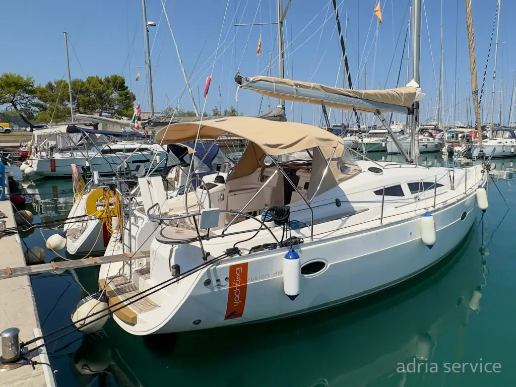 Sailboat Orca O- starboard view. Elan 384 Impression, built in 2007 and docked in IZOLA.