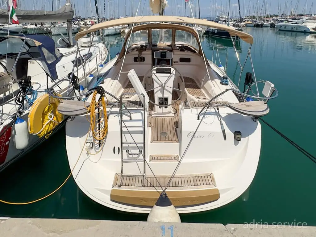 Sailboat Orca O- stern view. Elan 384 Impression, built in 2007 and docked in IZOLA.
