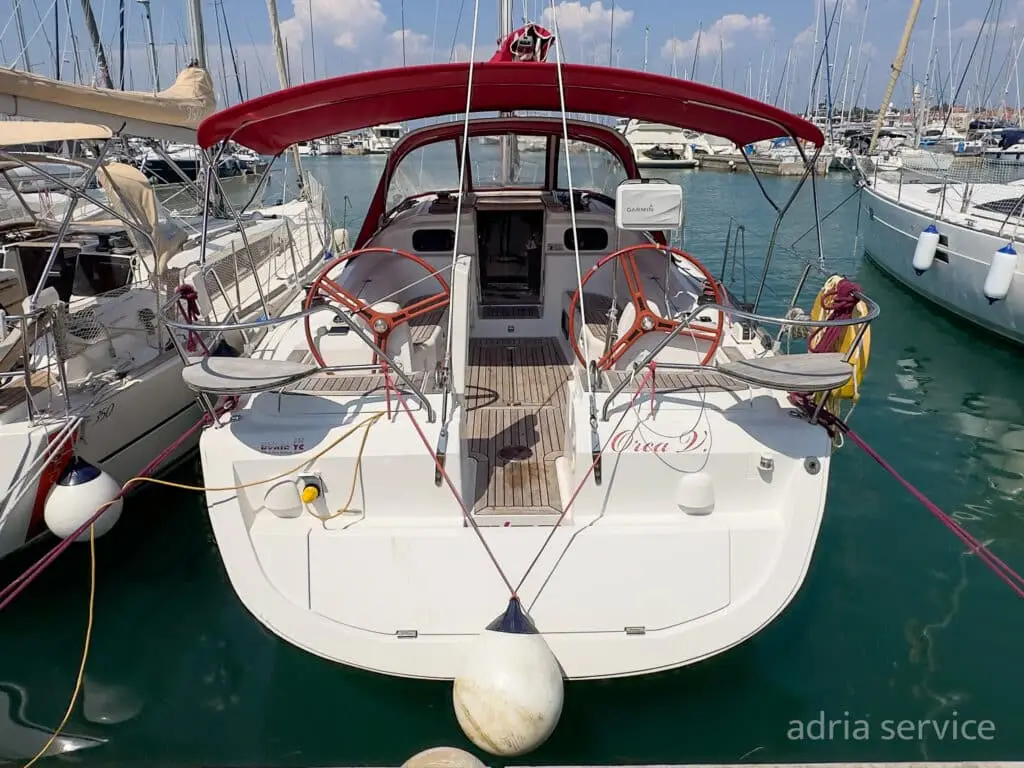 Sailboat Orca V- stern view. Elan 394 Impression, built in 2012 and docked in IZOLA.