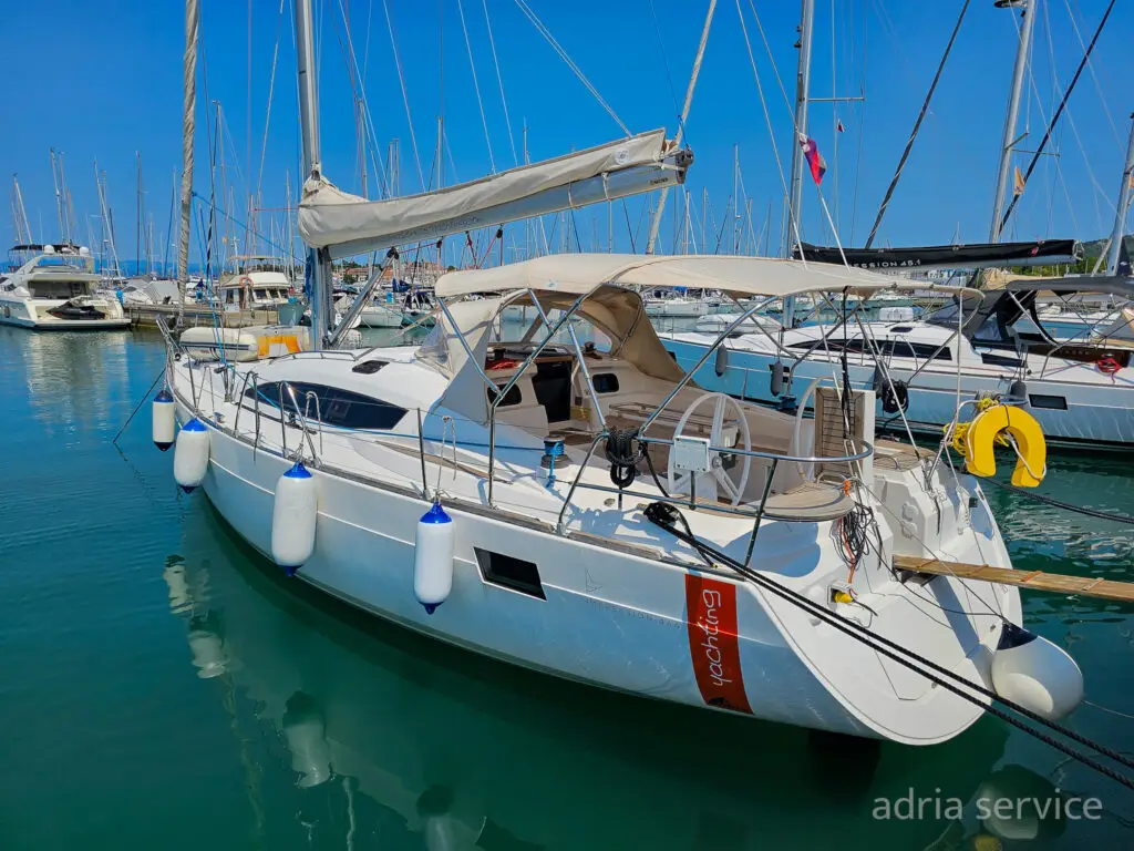 Sailboat Beauty AS - side view. Elan 444 Impression, built in 2014 and docked in IZOLA.