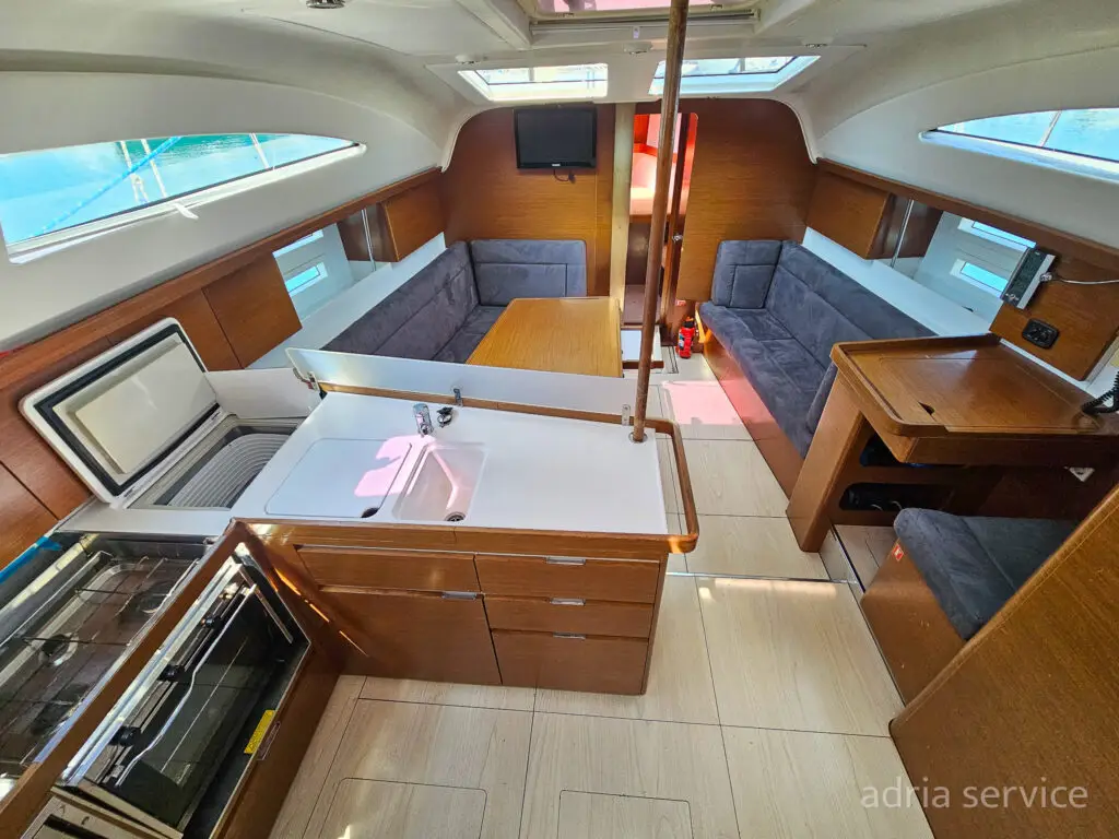 Sailboat Beauty AS - salon top view. Elan 444 Impression, built in 2014 and docked in IZOLA.