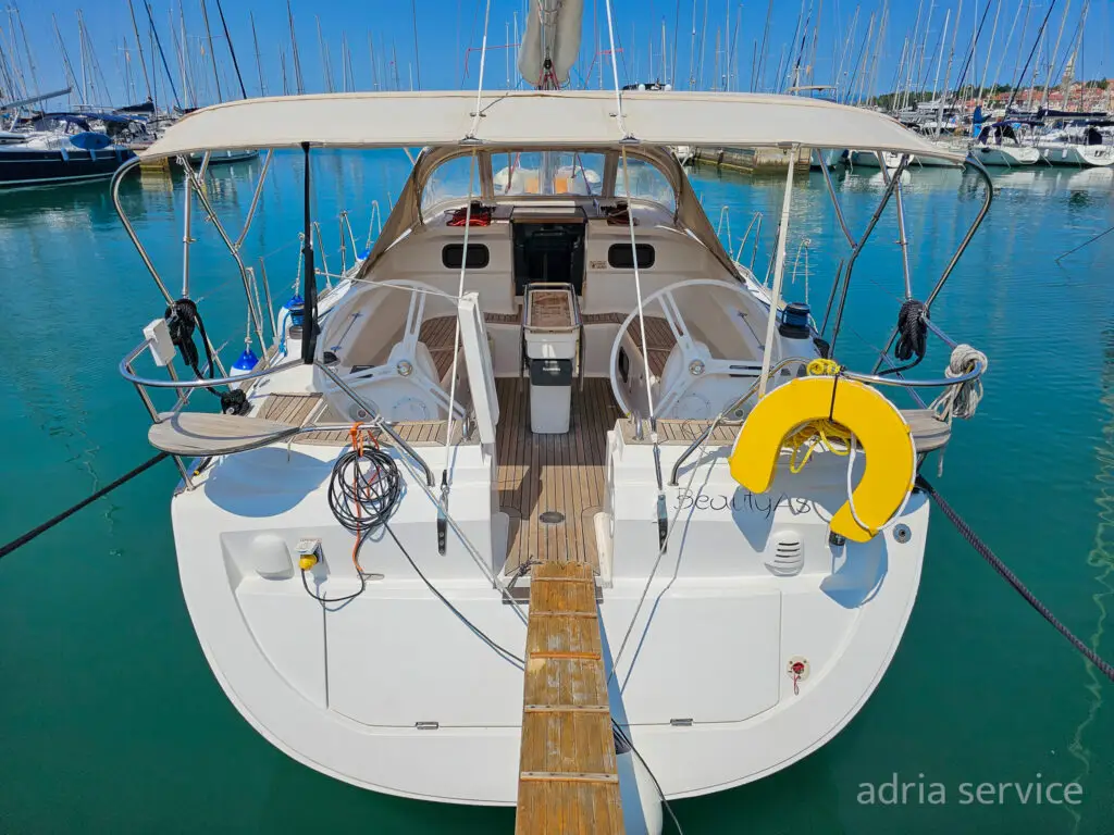 Sailboat Beauty AS - stern view. Elan 444 Impression, built in 2014 and docked in IZOLA.