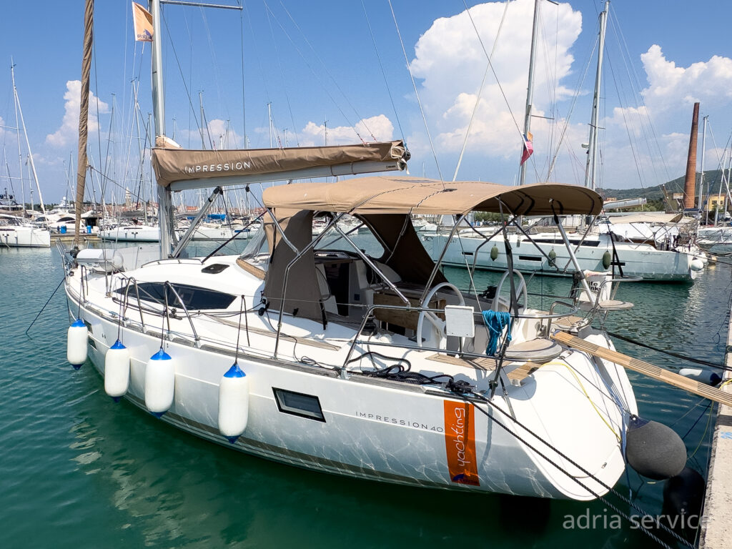Sailboat Hope E - side view. Elan Impression 40, built in 2017 and docked in IZOLA.