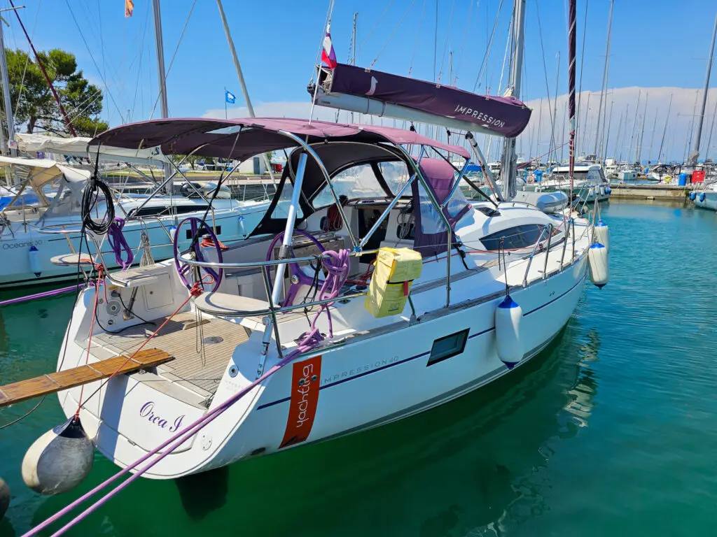 Sailboat Orca I - side view. Elan Impression 40, built in 2017 and docked in IZOLA.