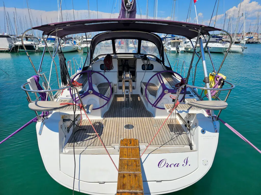 Sailboat Orca I - stern view. Elan Impression 40, built in 2017 and docked in IZOLA.