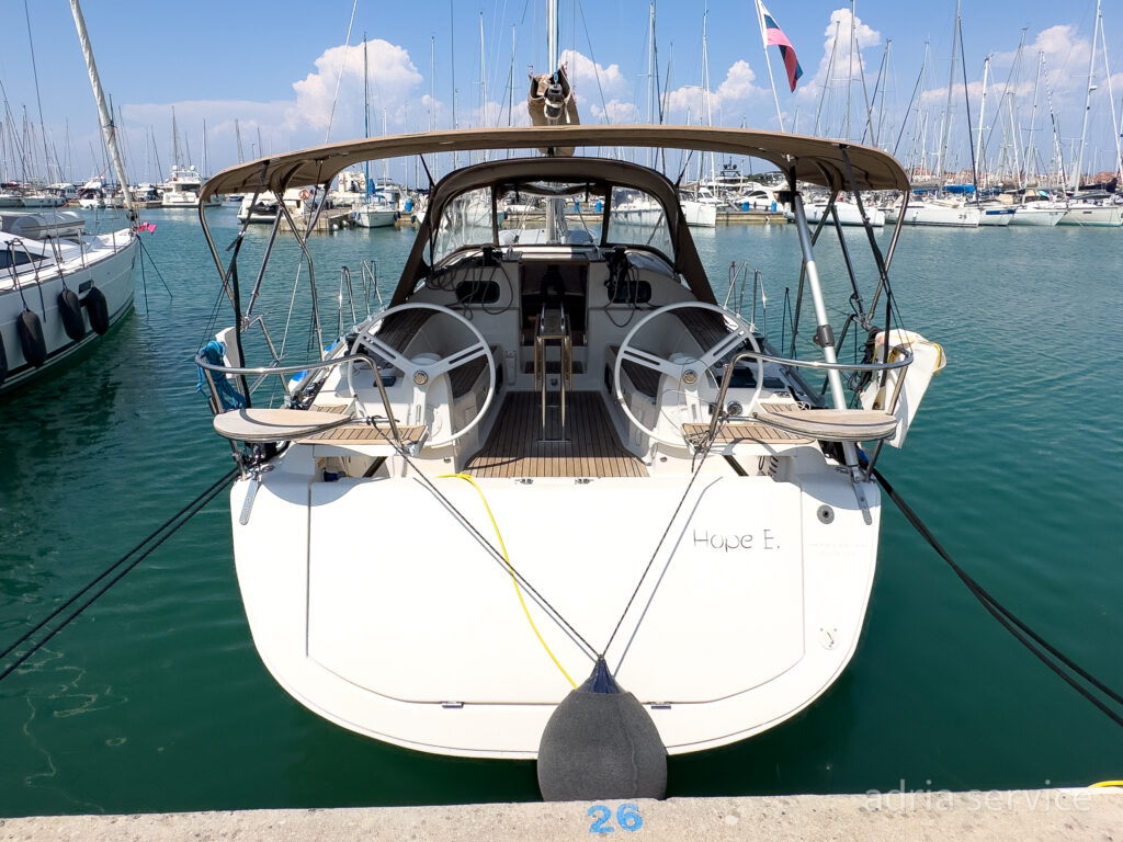 Sailboat Hope E - stern view. Elan Impression 40, built in 2017 and docked in IZOLA.